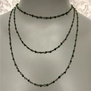 Vintage Edgy Brass And Green Glass Bead Necklace, 58 Inch Chain